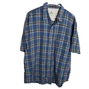 Timberland Button Down Shirt Men's XL Blue Plaid Earth Keepers Linen Blend Top